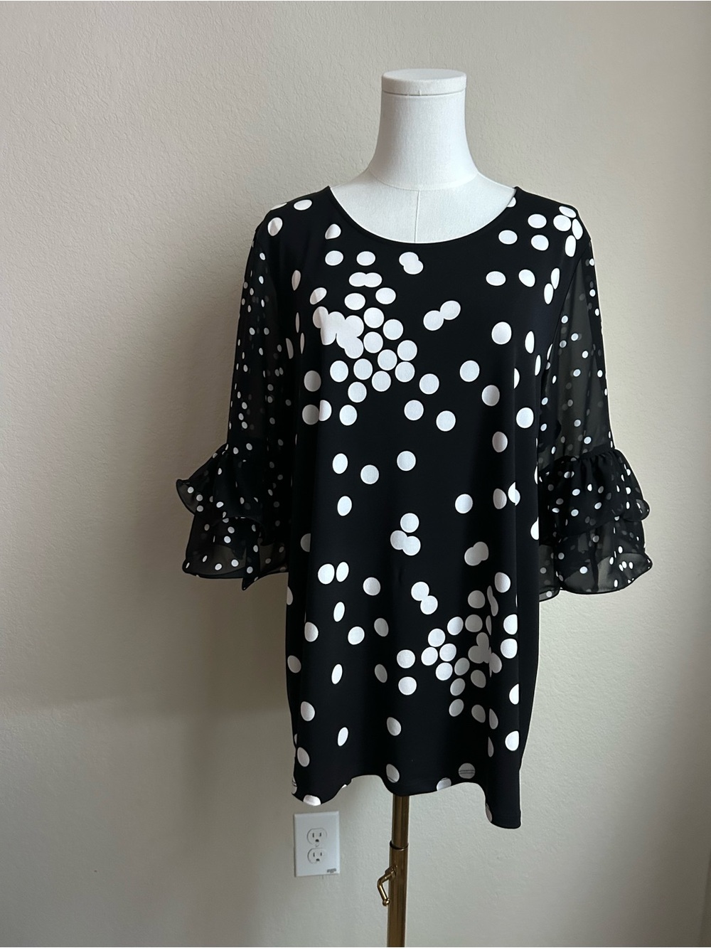 Alfani Black and White Polka Dot Ruffle Sleeve Blouse